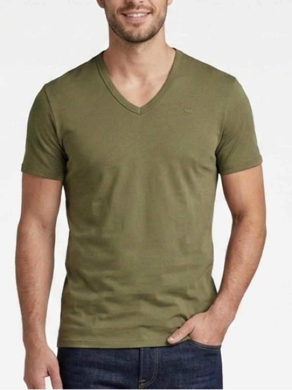 G-Star RAW V-Neck T-Shirt Olive Green Short Sleeve Logo Tee Mens XL Casual